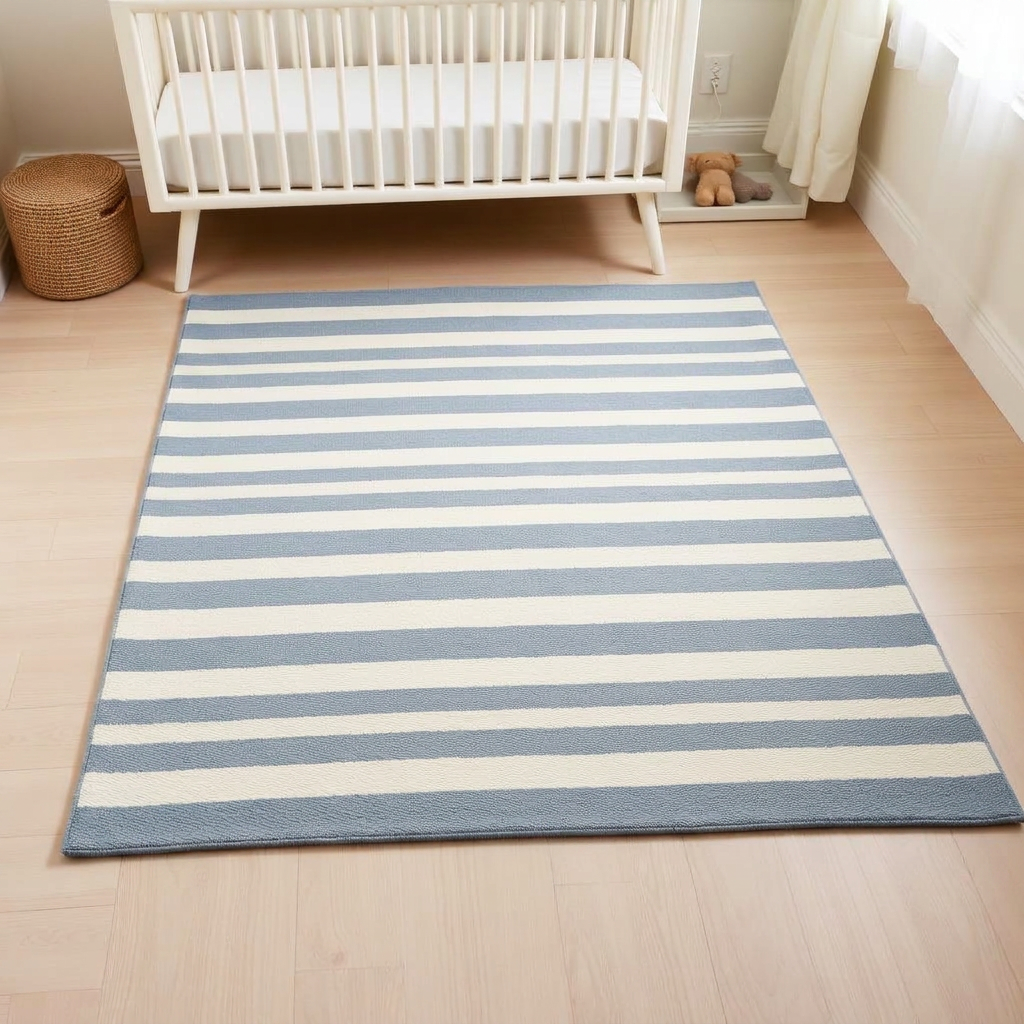 Heirloom Stripe washable rug in Dusty Blue — product view